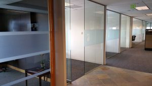 Office space with window frost privacy film and custom logo